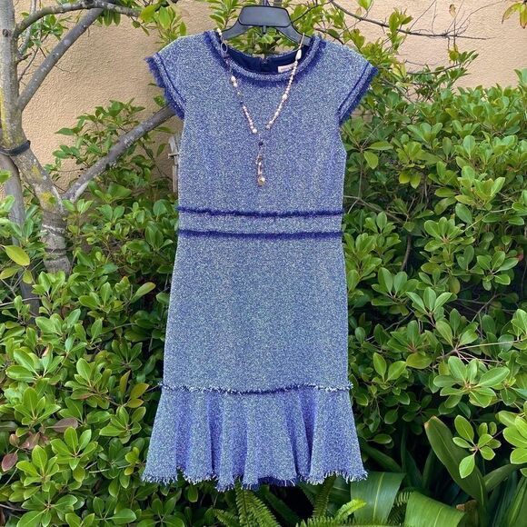 👗Rebecca Taylor Navy Blue and White Tweed Dress with Frayed Details Sz 8 EUC! - Picture 1 of 9